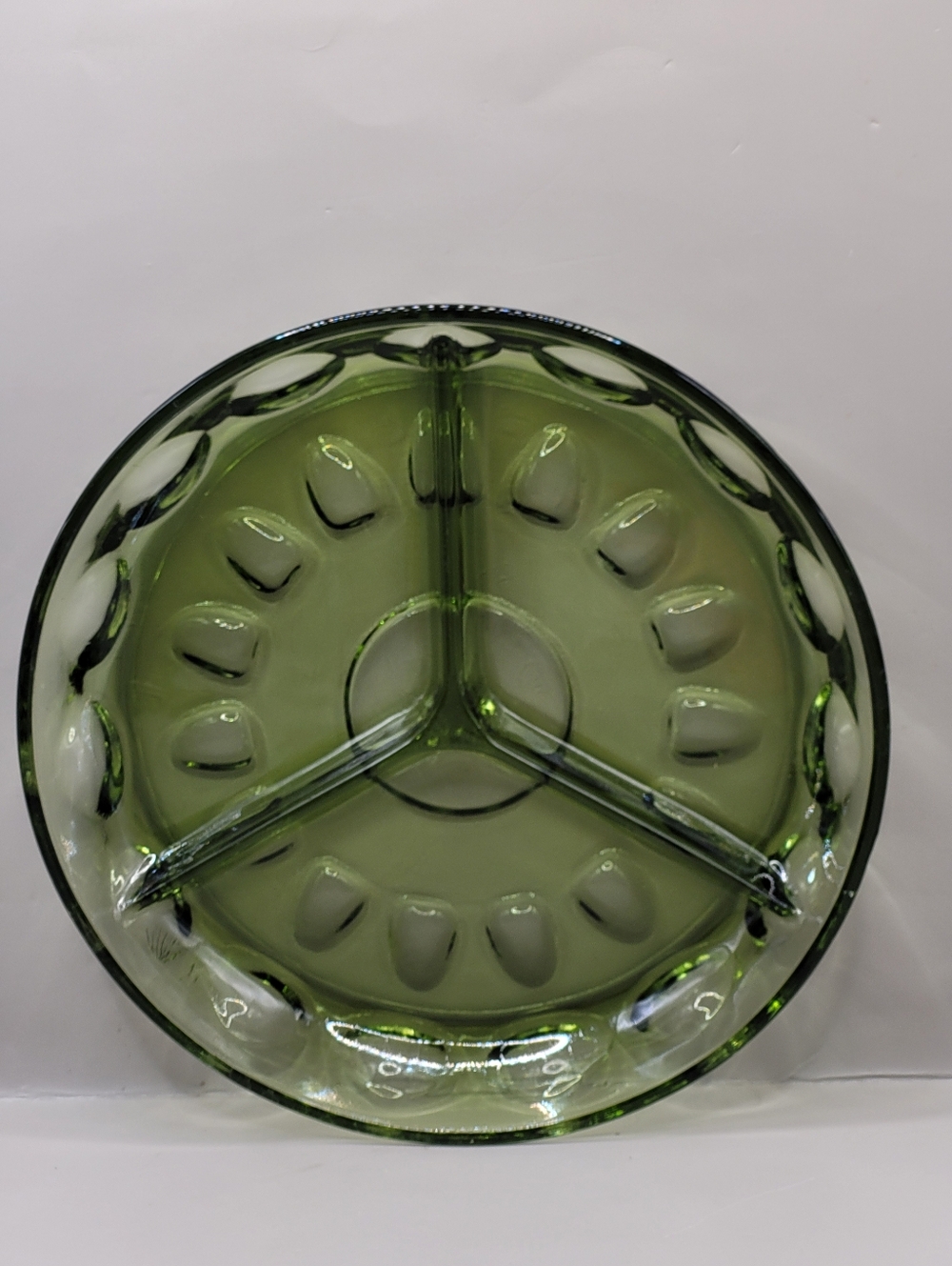 Vintage Indiana Glass Green Thumbprint Kings Crown 3 Way Divided Relish Dish
